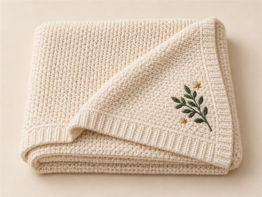 Soft knit blanket with fictional green botanical corner embroidery