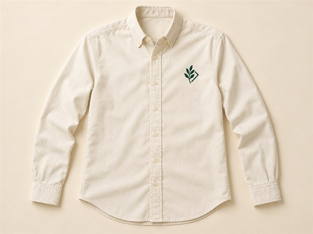 Ivory business shirt with a fictional green leaf logo embroidered on the chest