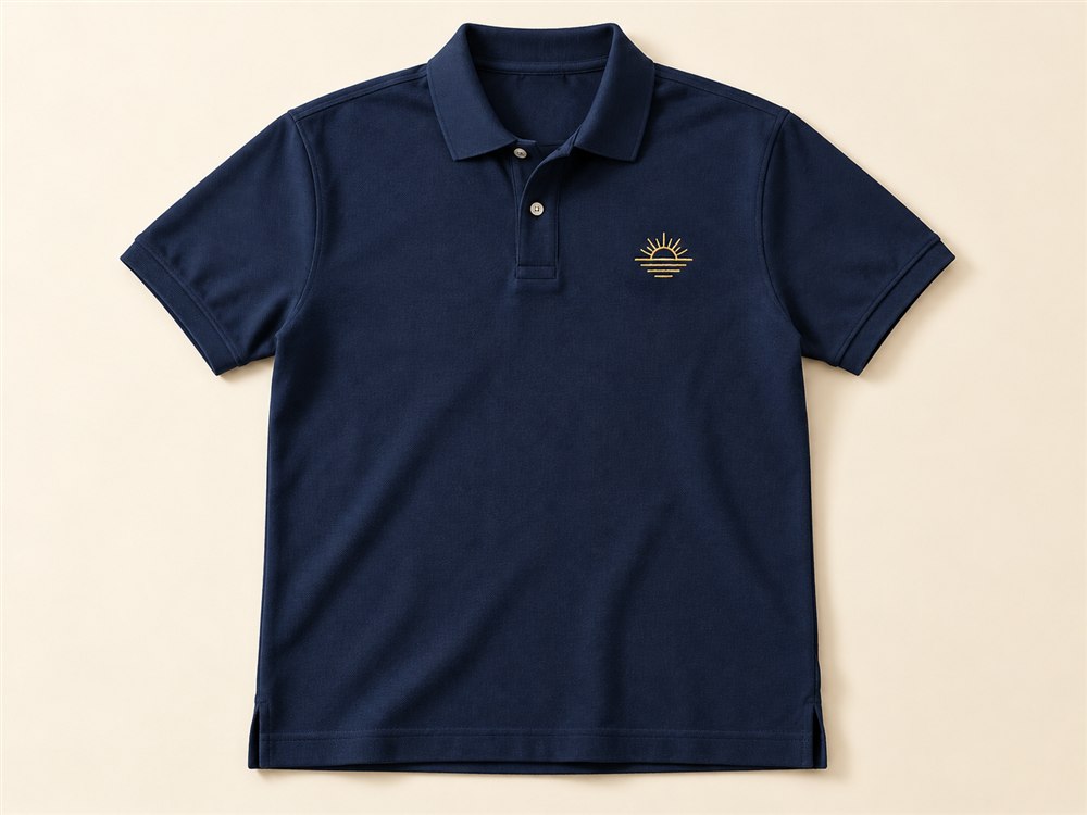 Navy corporate polo with a fictional gold embroidered emblem