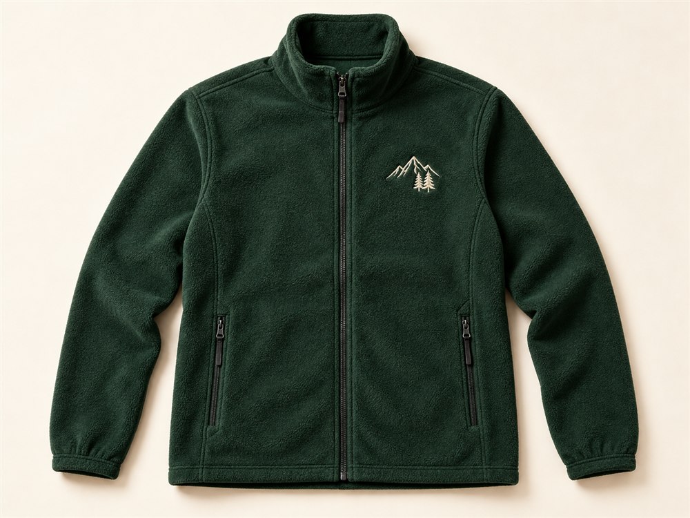 Forest green fleece jacket with a fictional ivory embroidered emblem