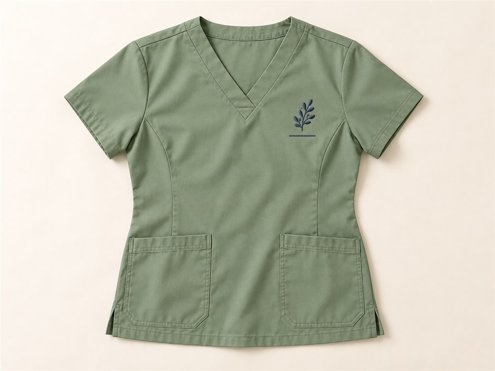 Sage scrub top with a fictional navy embroidered botanical emblem
