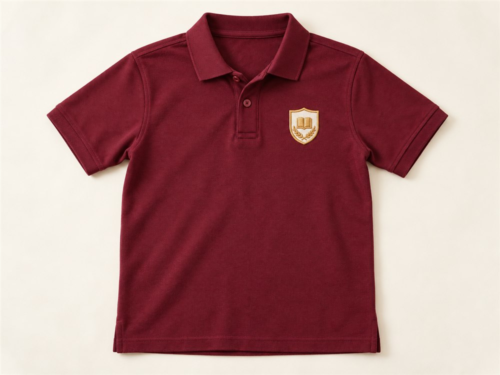 Burgundy school uniform polo with a fictional embroidered shield