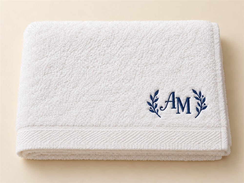 White terry towel with a fictional navy embroidered corner monogram