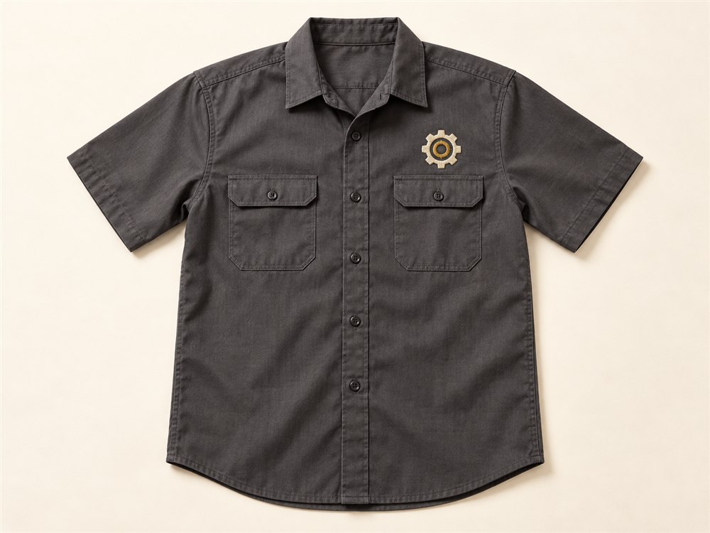 Charcoal work shirt with a fictional cream and gold embroidered emblem