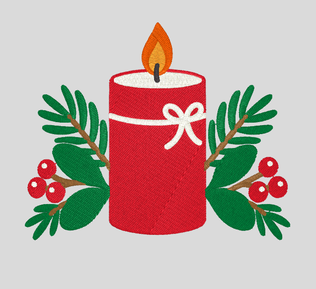 Embroidered red Christmas candle with a white bow, golden flame, green leaves, and red berries