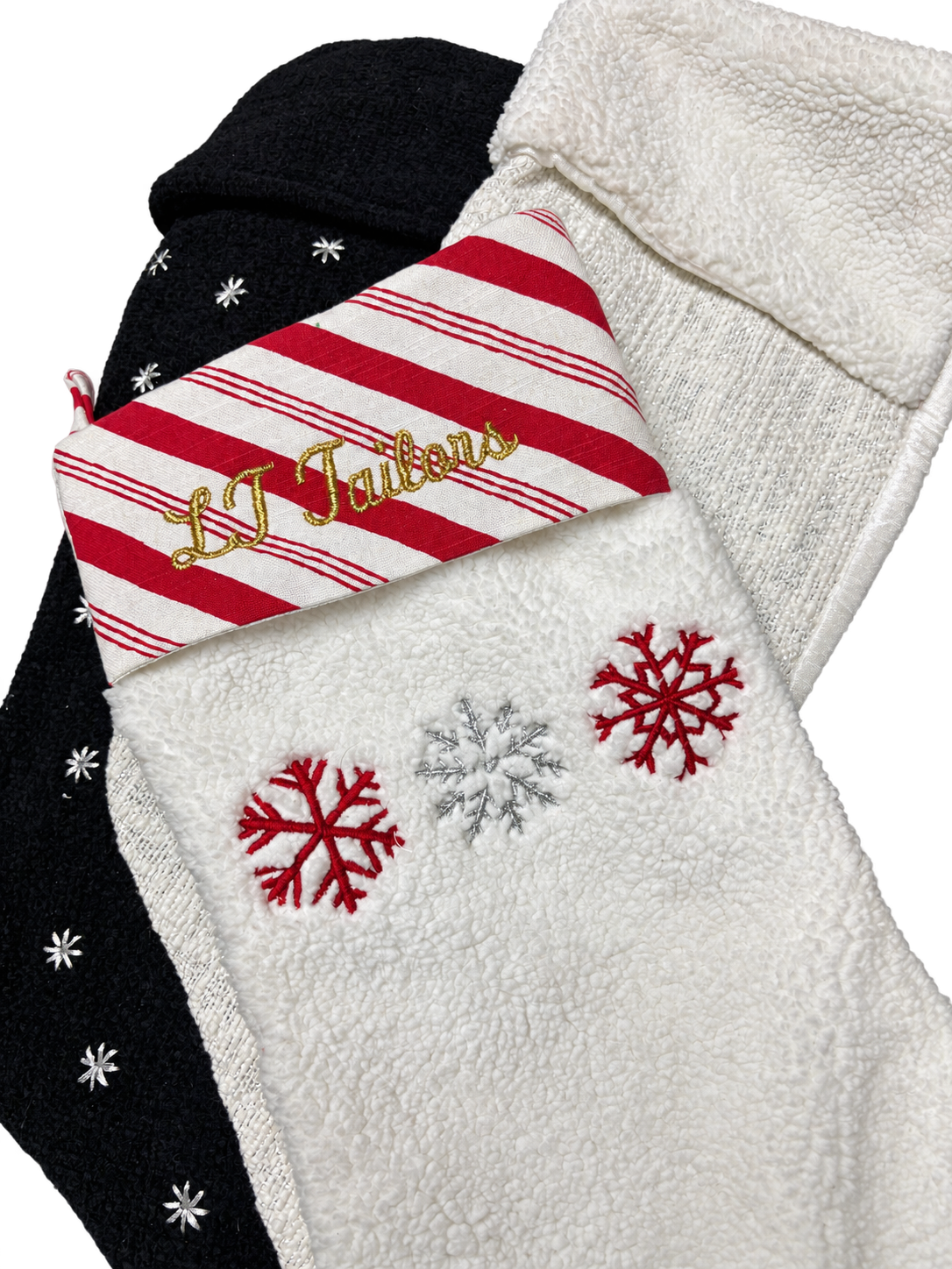Christmas stockings with embroidered snowflakes