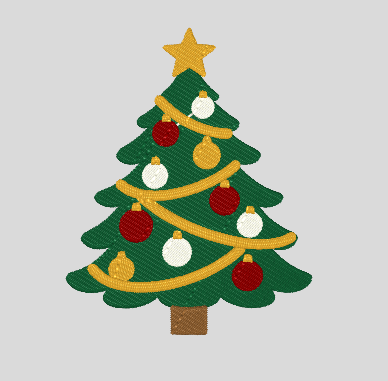 Embroidered green Christmas tree decorated with red, white, and gold ornaments and a gold star