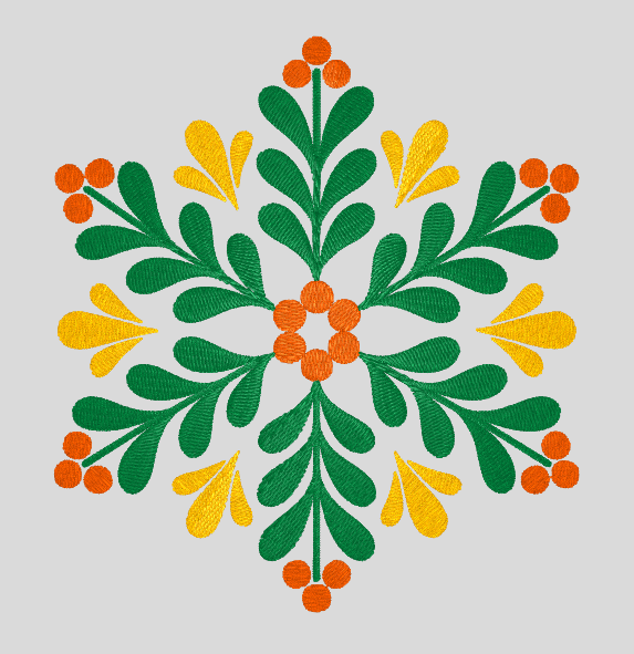 A snowflake-shaped embroidery design made from green leaves, golden petals, and orange berries
